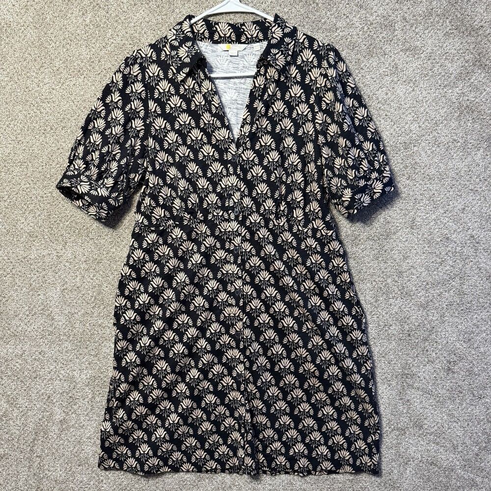 Boden Dress Womens 10R Black Floral Collared Short Puff Sleeve Shirt Knee Jersey